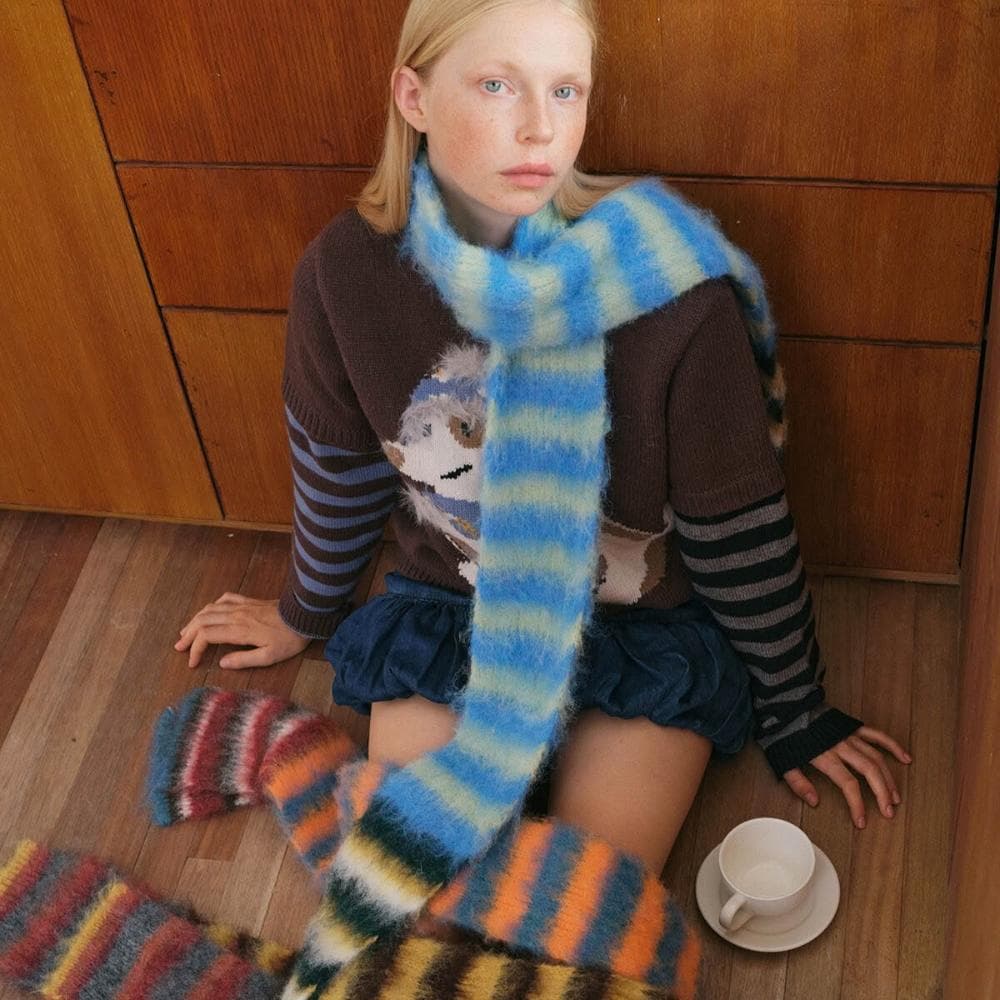 圍巾女韓國設計師款撞色條紋針織圍巾秋冬季小眾細窄軟糯毛線圍脖保暖披肩圍巾質感圍巾冷氣披肩空調百搭保暖圍脖防風圍脖韓版圍巾