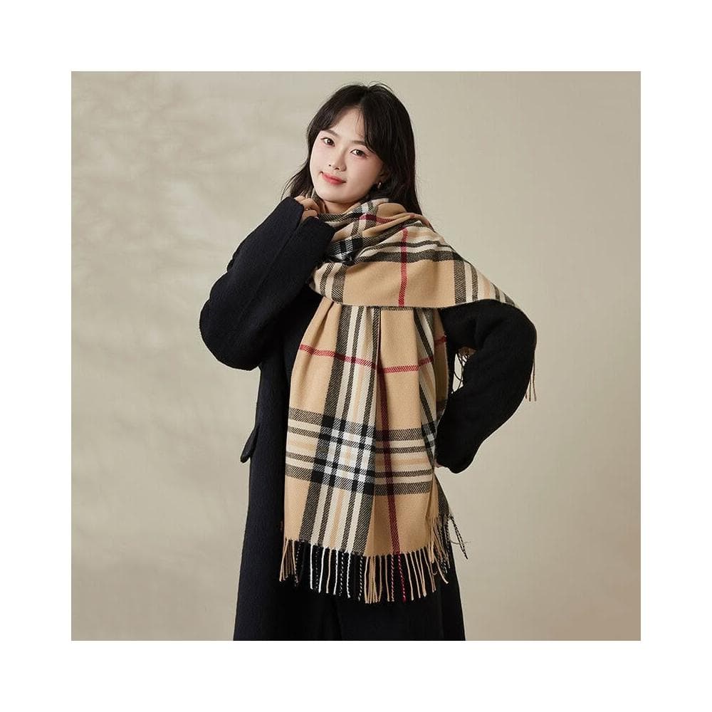 圍巾女拼色英倫格子圍巾秋冬保暖圍脖披肩兩用新款仿羊絨流蘇圍巾保暖披肩圍巾質感圍巾冷氣披肩空調百搭保暖圍脖防風圍脖韓版圍巾