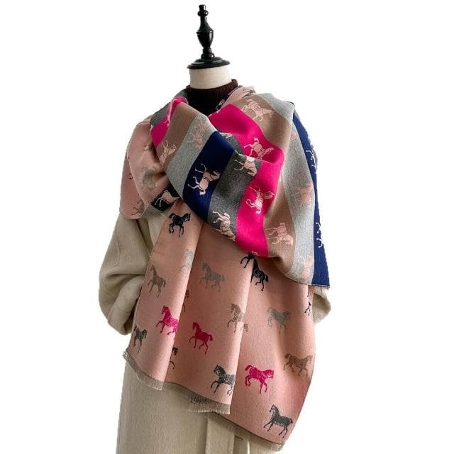圍巾女秋冬保暖仿羊絨圍巾女雙面可愛卡通馬拼色加厚圍脖空頭披肩保暖披肩圍巾質感圍巾冷氣披肩空調百搭保暖圍脖防風圍脖韓版圍巾