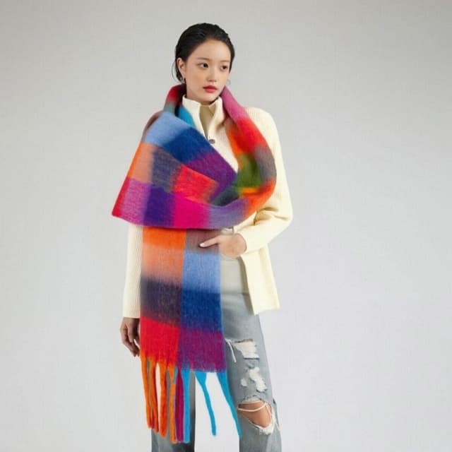 圍巾女漸變彩色格子仿羊絨高級細膩柔軟拼色流蘇大披肩圍巾保暖披肩圍巾質感圍巾冷氣披肩空調百搭保暖圍脖防風圍脖韓版圍巾
