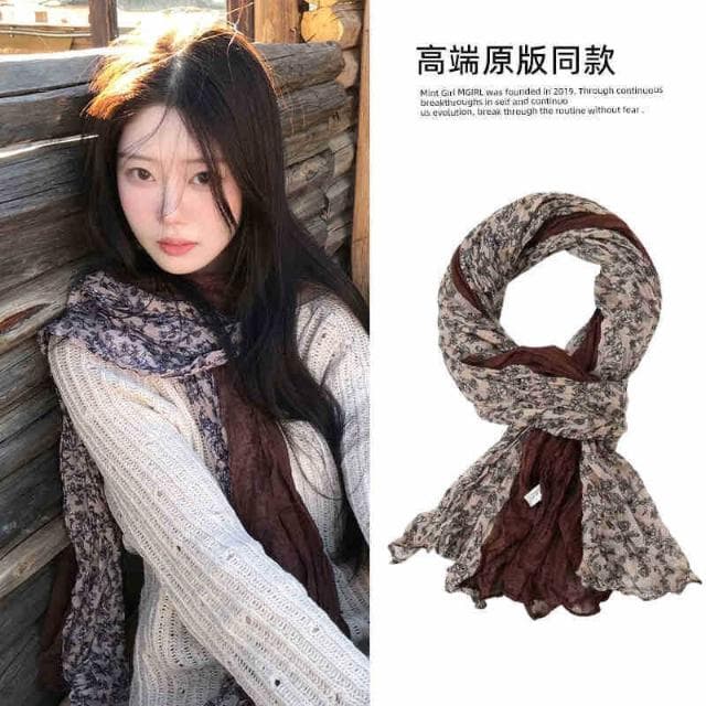 圍巾女文藝氣息棉麻碎花褶皺圍巾大理旅遊拍照氛圍感薄款披肩護頸圍脖保暖披肩圍巾質感圍巾冷氣披肩空調保暖圍脖防風圍脖韓版圍巾