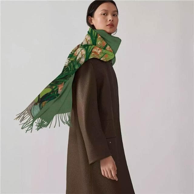 圍巾女秋冬季仿羊絨圍巾梵高油畫雙面印花圍脖冬季保暖流蘇披肩保暖披肩圍巾質感圍巾冷氣披肩空調百搭保暖圍脖防風圍脖韓版圍巾