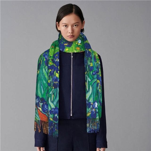 圍巾女秋冬季仿羊絨圍巾梵高油畫雙面印花圍脖冬季保暖流蘇披肩保暖披肩圍巾質感圍巾冷氣披肩空調百搭保暖圍脖防風圍脖韓版圍巾