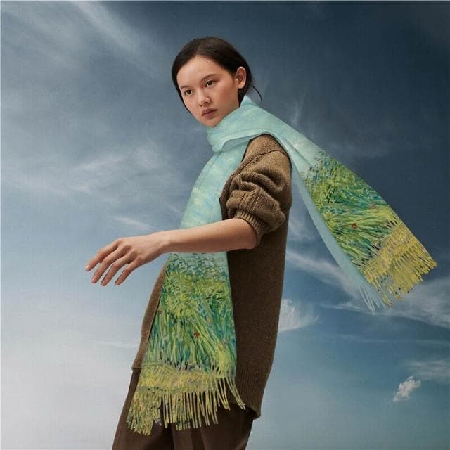 圍巾女秋冬季仿羊絨圍巾梵高油畫雙面印花圍脖冬季保暖流蘇披肩保暖披肩圍巾質感圍巾冷氣披肩空調百搭保暖圍脖防風圍脖韓版圍巾