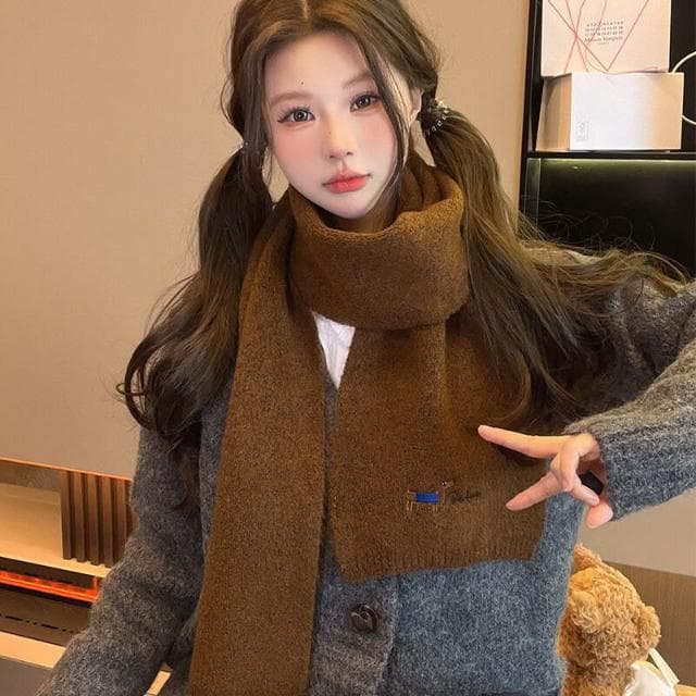 圍巾女刺繡小狗針織圍巾女秋冬季學生騎車保暖百搭仿羊絨情侶圍脖保暖披肩圍巾質感圍巾冷氣披肩空調百搭保暖圍脖防風圍脖韓版圍巾