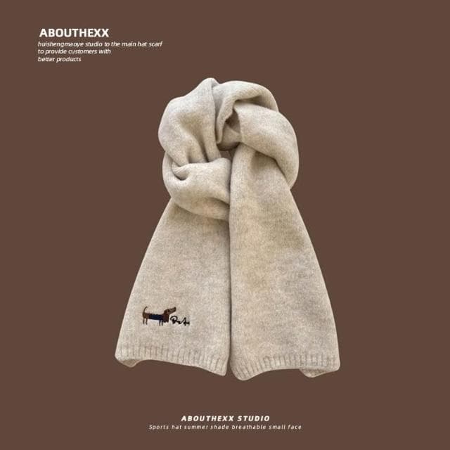 圍巾女刺繡小狗針織圍巾女秋冬季學生騎車保暖百搭仿羊絨情侶圍脖保暖披肩圍巾質感圍巾冷氣披肩空調百搭保暖圍脖防風圍脖韓版圍巾