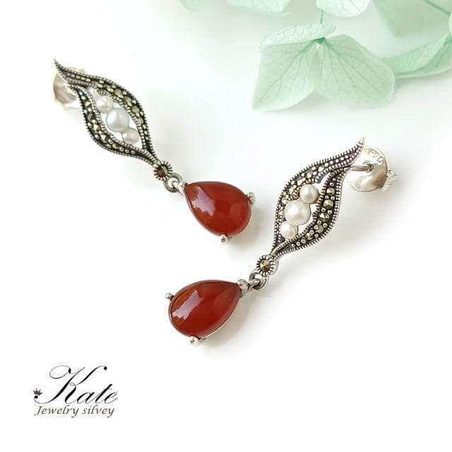 【KATE】銀飾 維多利亞古典輕奢天然紅瑪瑙珍珠純銀耳環 珠寶專櫃精品 純銀耳環 珍珠耳環 垂墜耳環 生日禮物 情人禮物