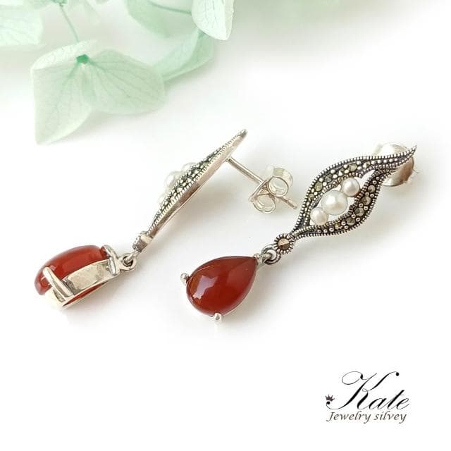 【KATE】銀飾 維多利亞古典輕奢天然紅瑪瑙珍珠純銀耳環 珠寶專櫃精品 純銀耳環 珍珠耳環 垂墜耳環 生日禮物 情人禮物