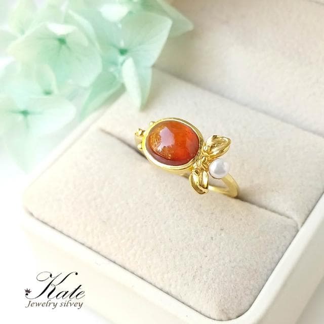 【KATE】銀飾 手工珠寶天然錳鋁石榴石珍珠純銀戒指 銀飾 芬達石 一月生日石 橙橘色 珠寶等級 #12 寶石戒指