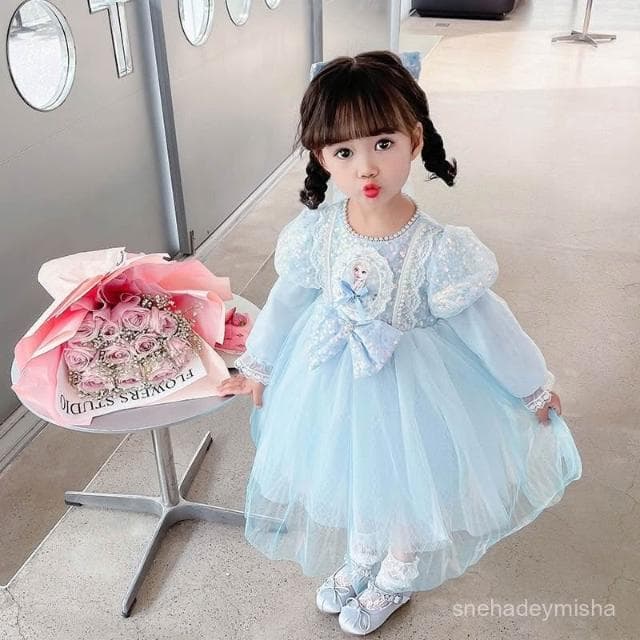 女寶寶艾莎公主裙長袖2025秋季冰雪奇緣網紗髮光裙子生日愛莎連衣