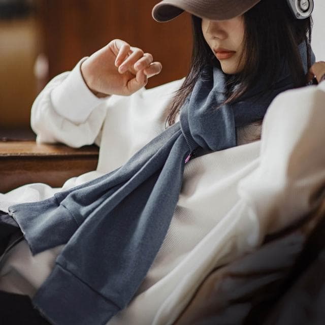 【馬登工裝】復古藍色針織長款披肩圍巾兩用保暖護頸圍脖外搭護肩女士秋冬