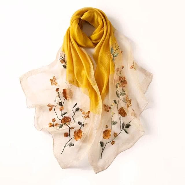 比比優精選 桑蠶絲羊毛圍巾 手工刺繡 披肩 真絲 紅色花朵珍珠絲巾