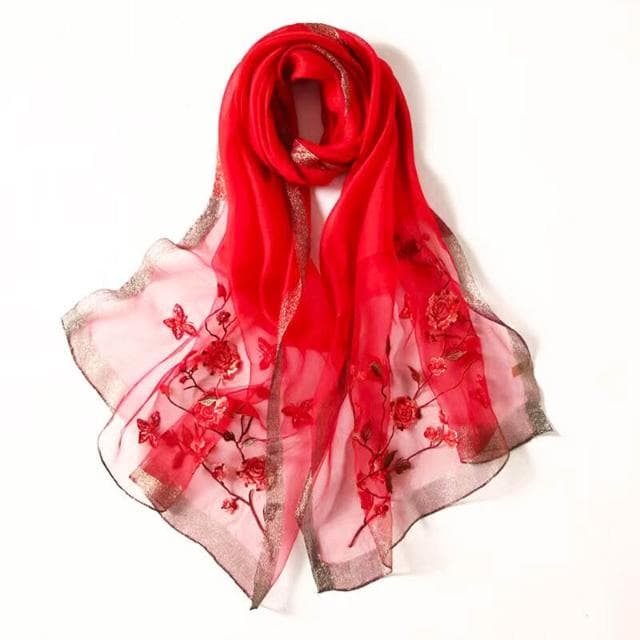 比比優精選 桑蠶絲羊毛圍巾 手工刺繡 披肩 真絲 紅色花朵珍珠絲巾