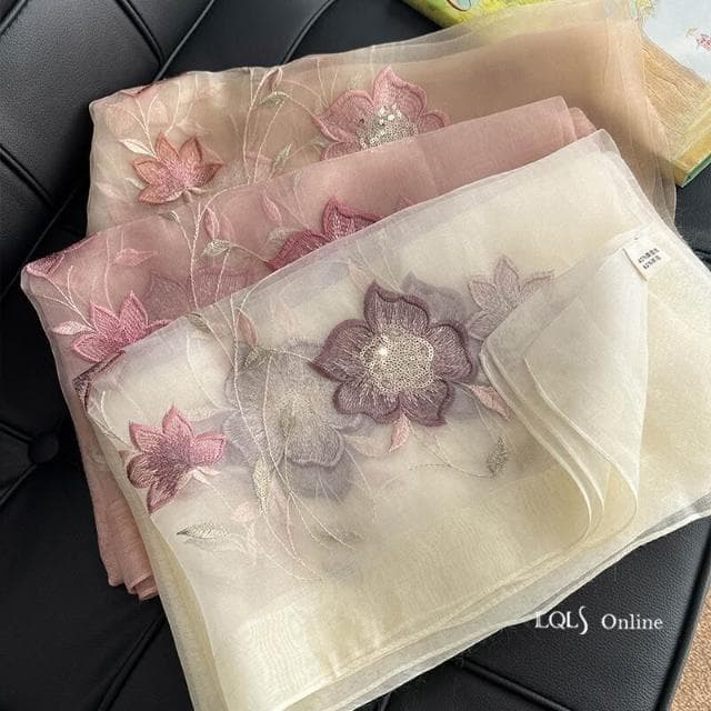 比比優精選 真絲 羊毛 重工繡花 圍巾 刺繡 氣質紗巾薄款時尚女春