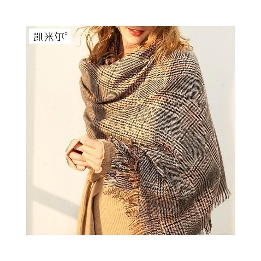 比比優精選 羊絨格子圍巾 羊毛披肩 女士保暖 千鳥格圍脖女