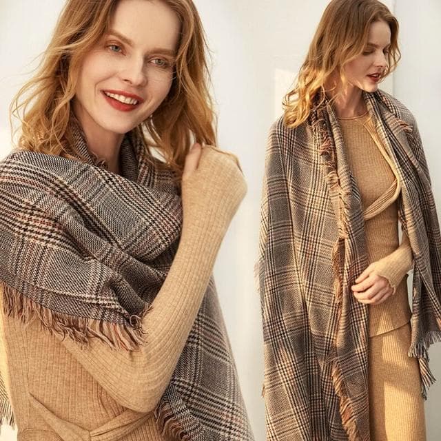 比比優精選 羊絨格子圍巾 羊毛披肩 女士保暖 千鳥格圍脖女