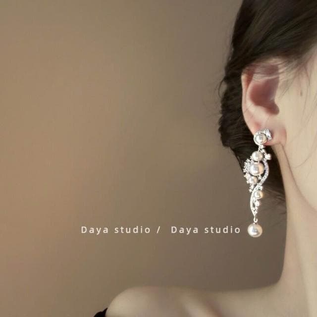 耳環長款珍珠耳環女锆石超閃奢華婚紗禮服晚宴氣質百搭高級感耳飾耳環耳釘耳飾女生耳環法式耳環流行百搭耳釘生日禮物貼耳耳環