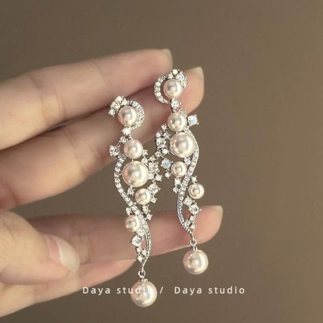 耳環長款珍珠耳環女锆石超閃奢華婚紗禮服晚宴氣質百搭高級感耳飾耳環耳釘耳飾女生耳環法式耳環流行百搭耳釘生日禮物貼耳耳環