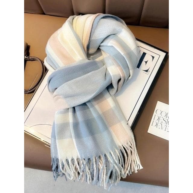 梵花 圍巾冬季女高級感藍色格子披肩百搭韓系氛圍感學生圍脖男