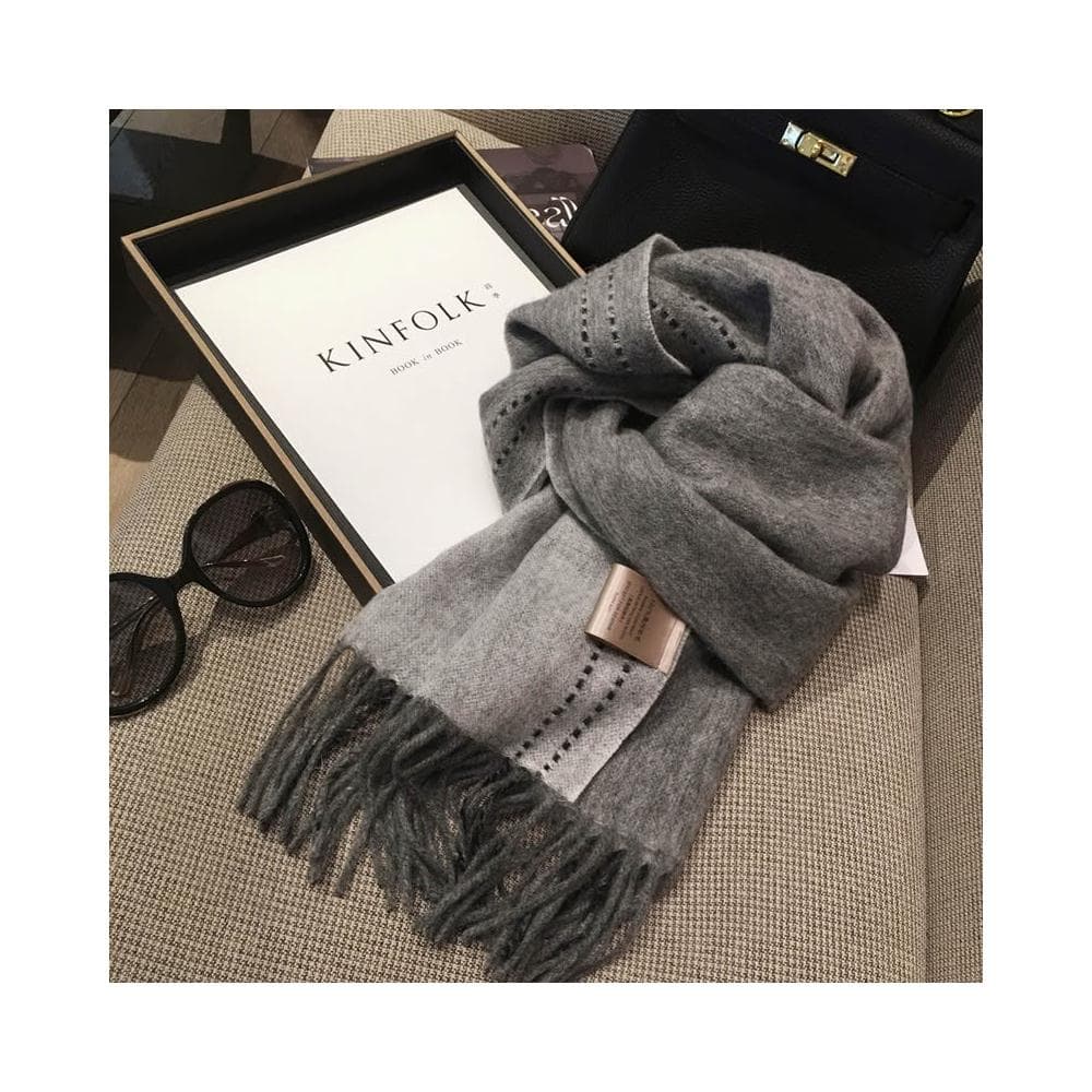 梵花 純羊毛圍巾女純色縫線設計雙面羊毛披肩冬季保暖圍脖