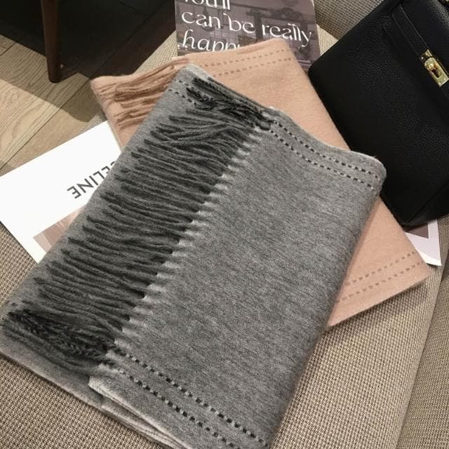 梵花 純羊毛圍巾女純色縫線設計雙面羊毛披肩冬季保暖圍脖