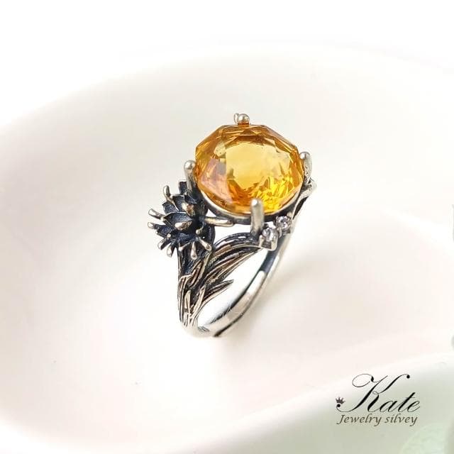 【KATE】銀飾 招財小狐狸天然黃水晶純銀戒指 黃水晶戒指 招財戒指 千禧車工 狐狸 活圍戒指 生日禮物 情人禮物