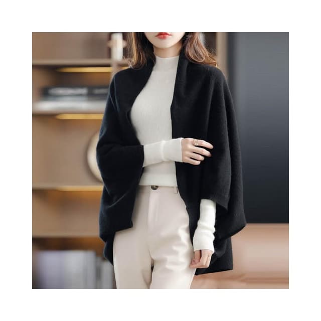 比比優 早秋100%純羊毛針織圍巾女披肩外搭兩用鬥篷開衫防曬配裙子外套
