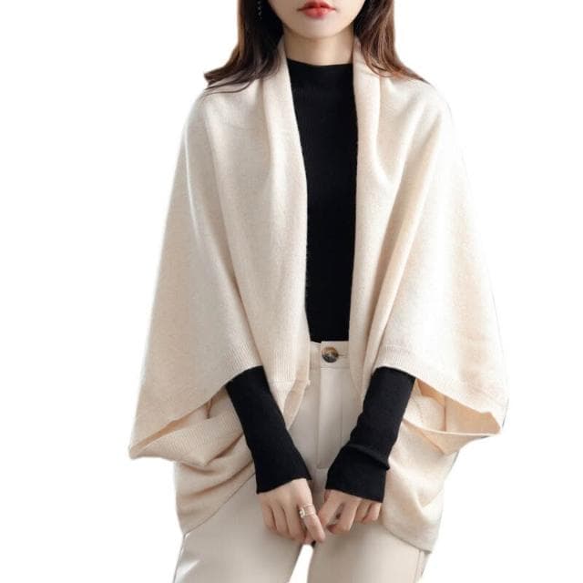 比比優 早秋100%純羊毛針織圍巾女披肩外搭兩用鬥篷開衫防曬配裙子外套