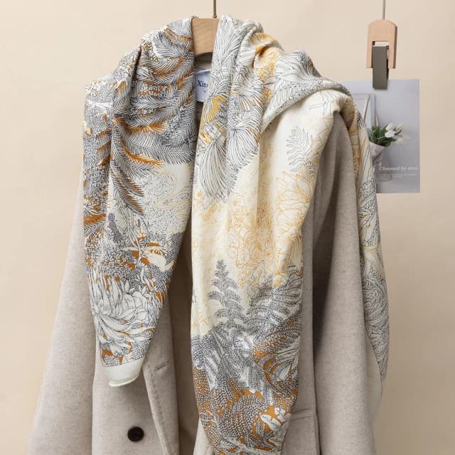 好夢想精品館   時尚真絲羊絨圍巾女冬季高級感百搭保暖羊毛方巾披肩