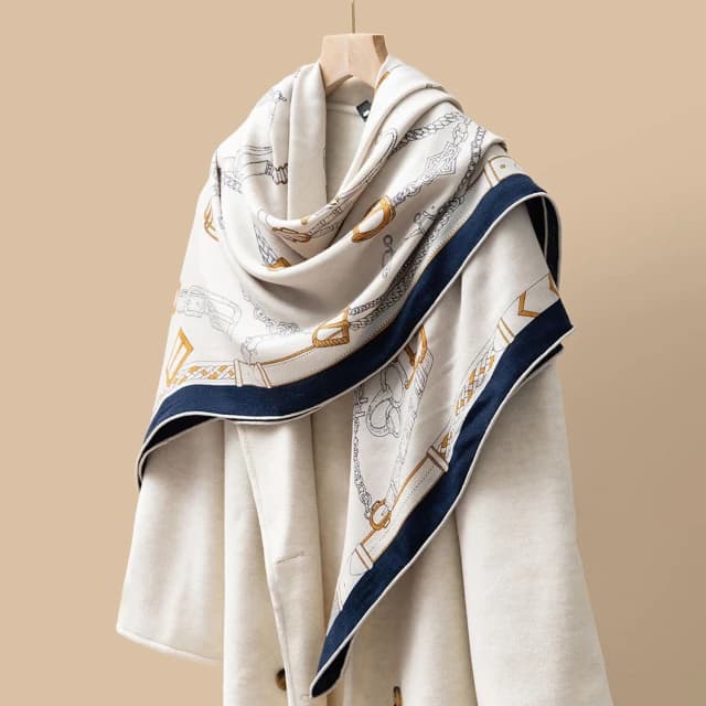 好夢想精品館   時尚真絲羊絨圍巾女冬季高級感百搭保暖羊毛方巾披肩