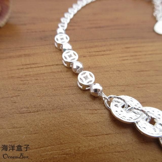 【海洋盒子】閃亮碎冰葫蘆銅錢設計S999足銀手鍊(附贈禮盒.拭銀布)