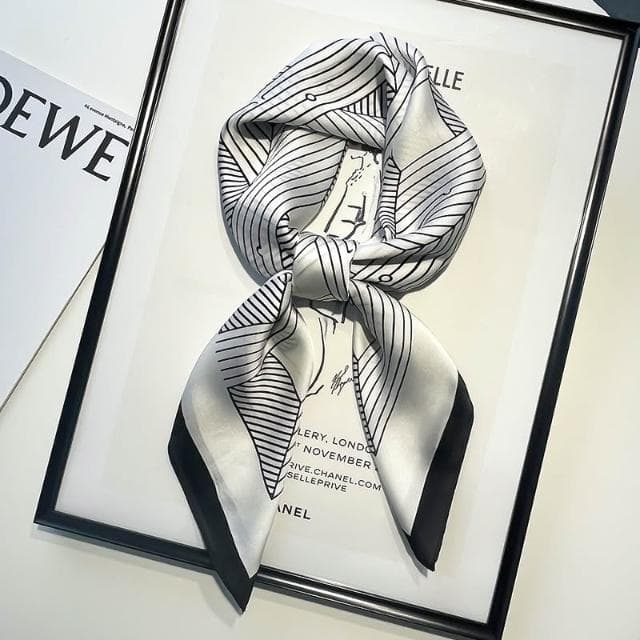 🎗飾間首飾鋪 黑白條紋小方巾絲巾女頭巾髮帶髮飾飾品春秋搭配襯衫職業裝飾護頸圍脖子薄圍巾配飾