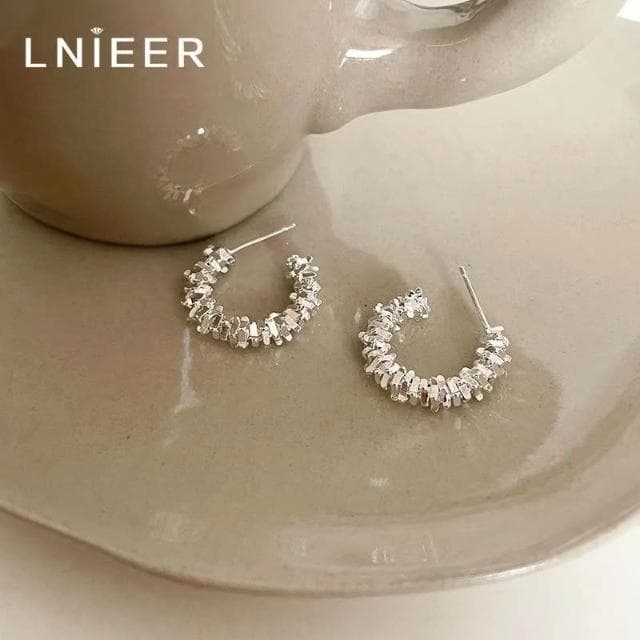 S925銀針碎銀子耳環女法式小眾耳釘半圓圈耳飾	 	