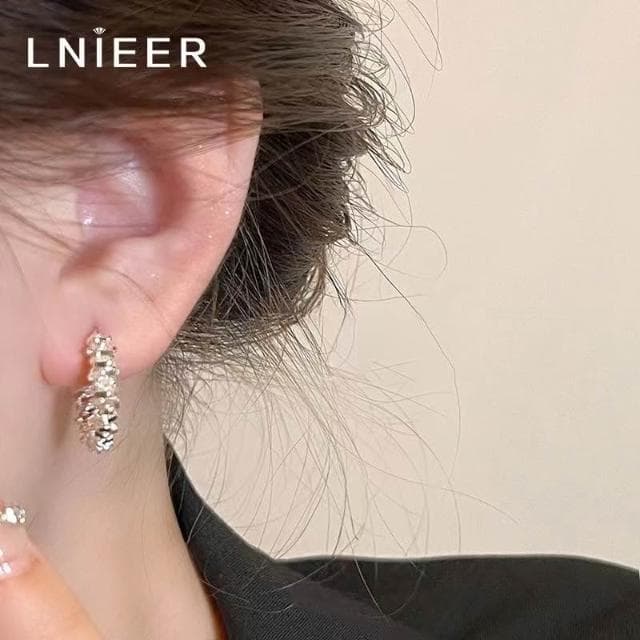 S925銀針碎銀子耳環女法式小眾耳釘半圓圈耳飾	 	