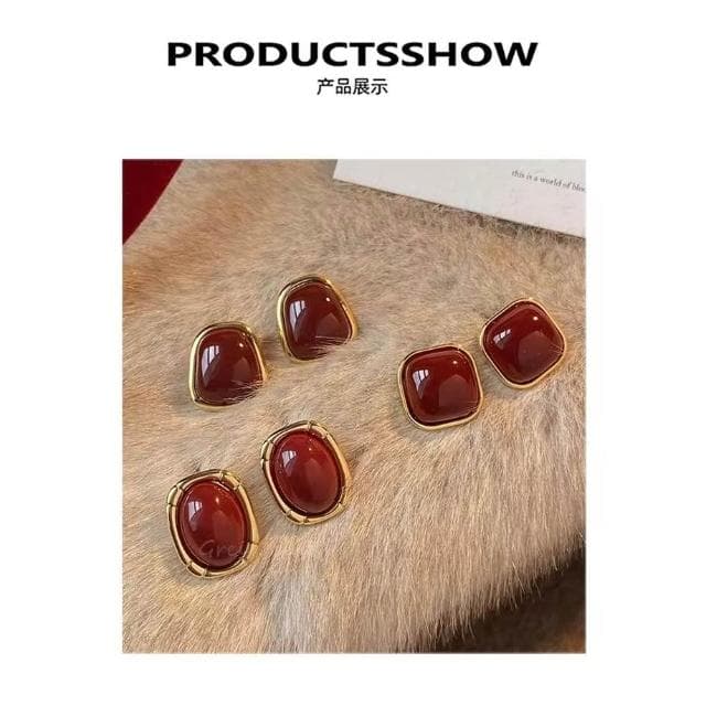 復古港風紅色滴釉幾何耳釘女秋冬氣質耳飾情人節禮物送女友