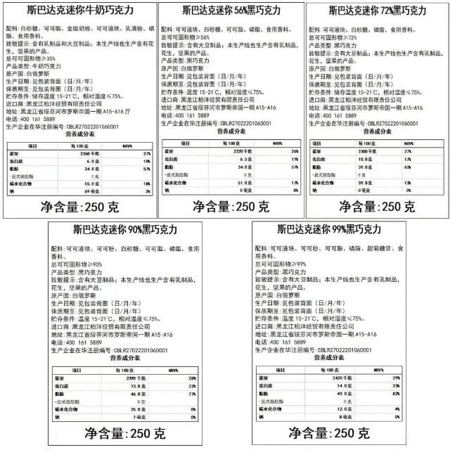 心心相印 【純可可脂】俄羅斯斯巴達克迷你72%90黑巧克力休閒進口網紅食品