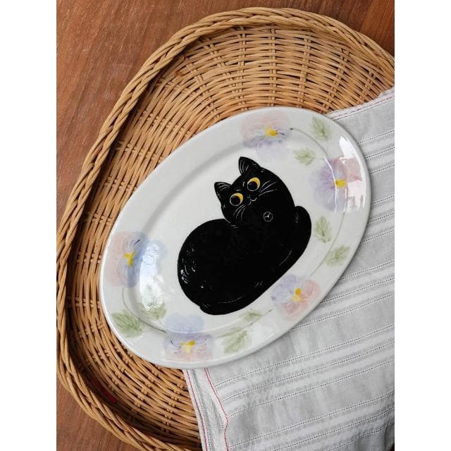 sayone三色堇貓咪陶瓷餐具釉下彩繪手作正方盤碗碟喬遷禮情人禮物