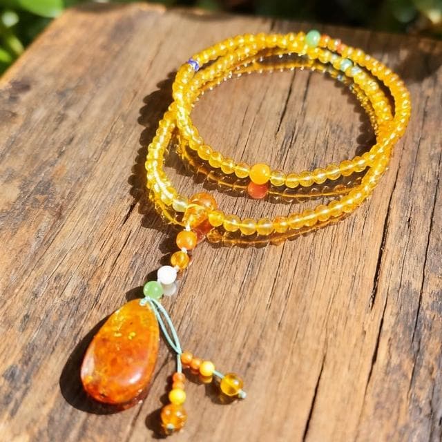 【Paiya 派亞】天然6MM琥珀花珀多圈項鍊精美23X39MM大吊飾做手鏈可以四圈