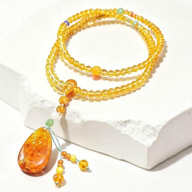 【Paiya 派亞】天然6MM琥珀花珀多圈項鍊精美23X39MM大吊飾做手鏈可以四圈