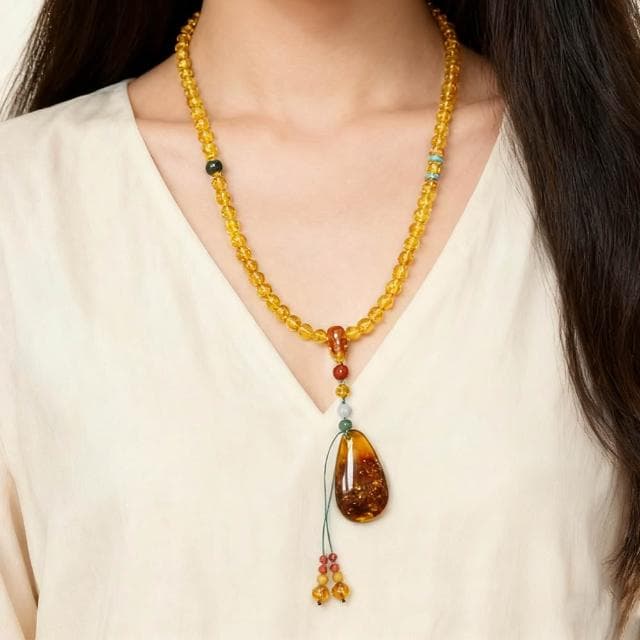 【Paiya 派亞】天然6MM琥珀花珀多圈項鍊精美23X39MM大吊飾做手鏈可以四圈