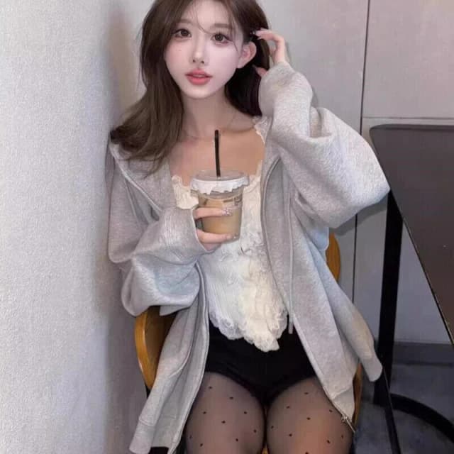 灰色連帽外套衛衣外套女春秋季薄款韓系慵懶美式寬松連帽拉鏈開衫上衣寬鬆連帽夾克外套運動休閒風學生日韓舒適休閒風氣質通勤外套