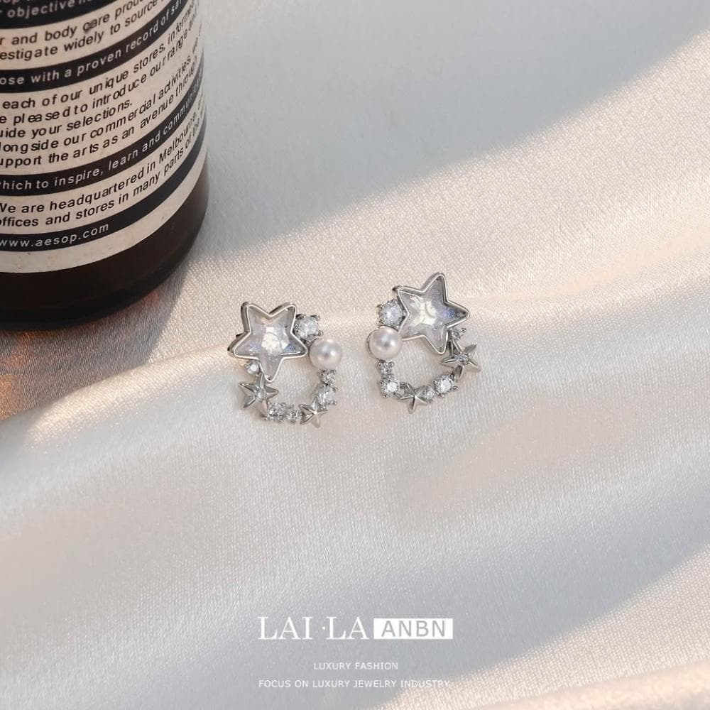 SMiss Si【現貨速發】925銀針韓國設計感星星耳釘 花環鑲鑽鋯石精緻天然貝母珍珠環形耳環 女 輕奢華麗 耳針 耳飾
