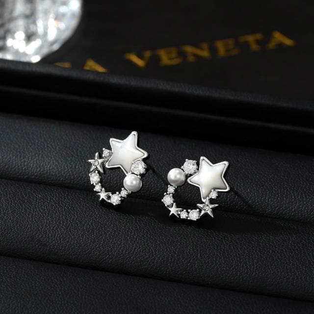 SMiss Si【現貨速發】925銀針韓國設計感星星耳釘 花環鑲鑽鋯石精緻天然貝母珍珠環形耳環 女 輕奢華麗 耳針 耳飾