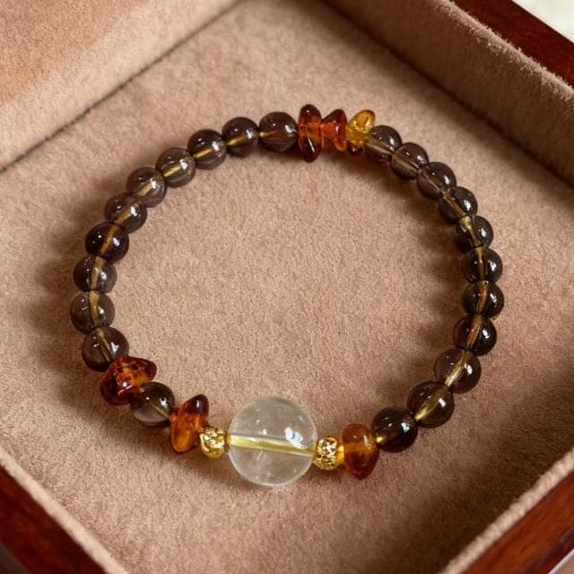【Paiya 派亞】原創設計天然12MM白水晶＋6MM茶水晶＋花珀隨行手串手鍊