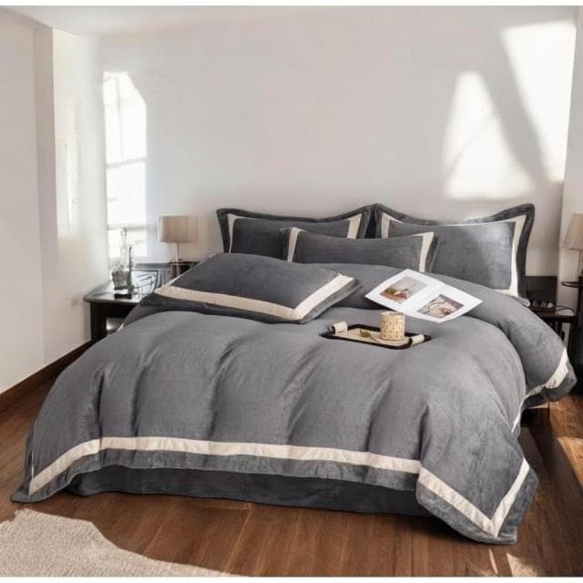 【沐眠生活家】👍新品 _框框牛奶絨 雙人床包被套4件組 多款任選 床包加高35cm 床包 枕套 保暖被套 北歐風 情人節禮物