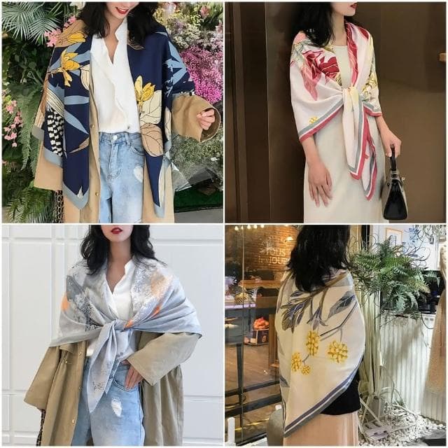 【HaNA 梨花】微涼之秋-仿真絲美麗佳人花卉絕美大絲巾披肩