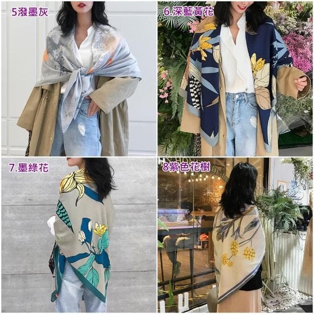 【HaNA 梨花】微涼之秋-仿真絲美麗佳人花卉絕美大絲巾披肩