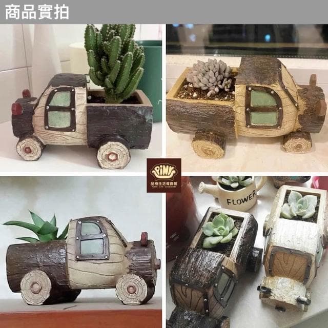 【PiNYU 品柚生活傢飾館】卡車花盆(童話森林田園木☆微景觀多肉盆栽場景佈置 樹樁小卡車卡通多肉植物花盆)