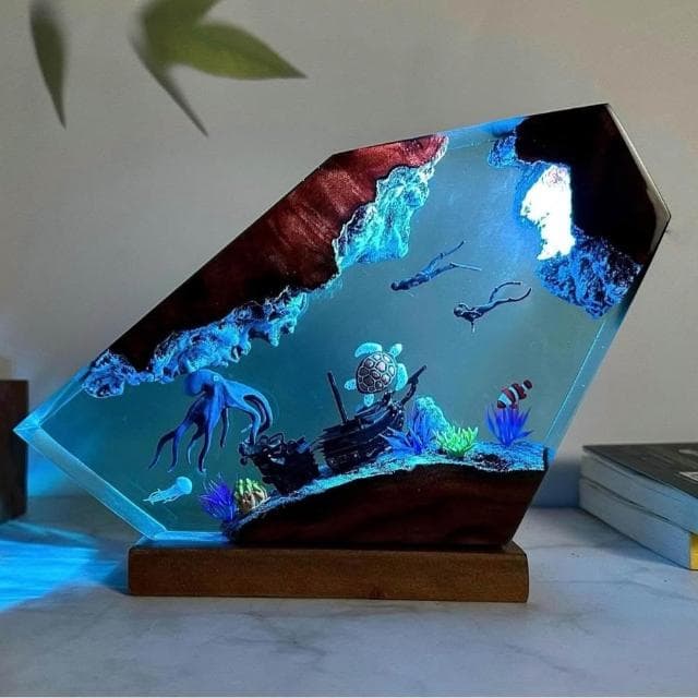 章魚和海龜樹脂小夜燈情侶潛水夫探索海底世界獨特裝飾耶誕節禮物