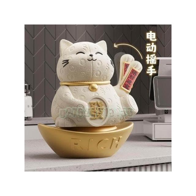 招財貓擺件吉祥物 自動招手皮質紋理存錢罐 手搖存錢罐招財貓 桌面擺件 日常送禮 國潮樹脂擺件 祝福禮物 擺件